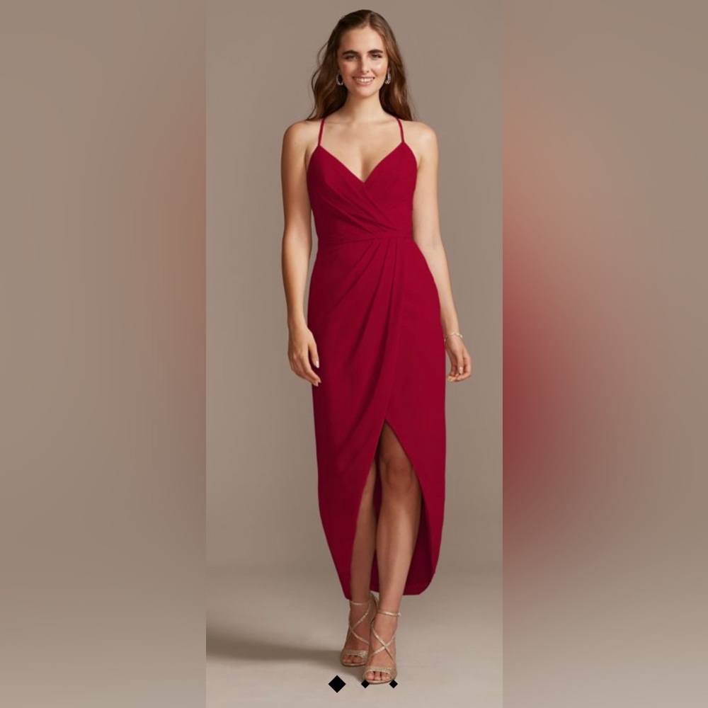 COPY - Davids bridal tulip hem chiffon midi dress in color apple. Size 8